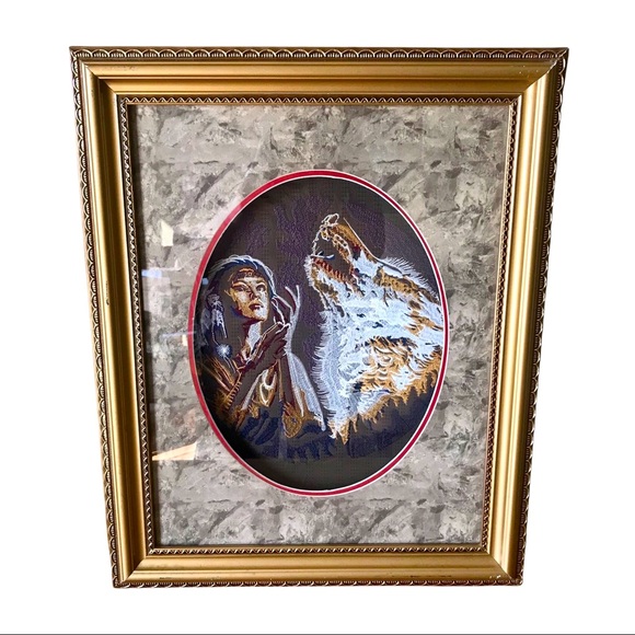 Native American Embroidered Framed Art Indian Woman And Wolf. Beautiful - Picture 1 of 11